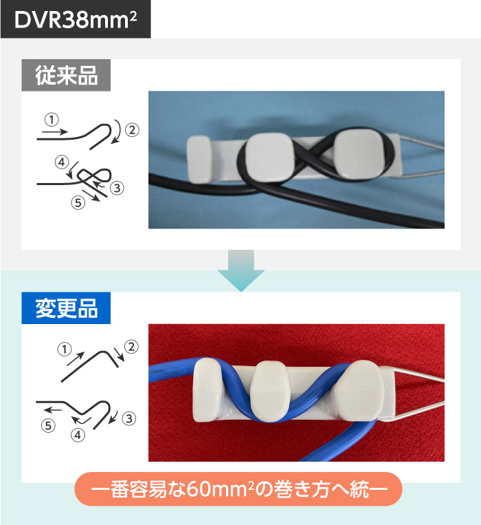 従来品と変更品の電線の巻き方比較画像 60mm2