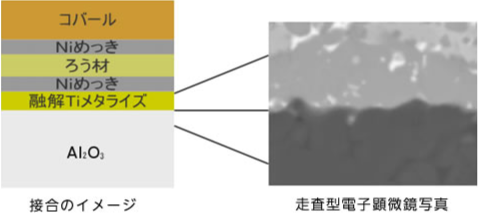 メタライジングに融解Ti法を用いたAl2O3/コバール接合継手の電子顕微鏡写真